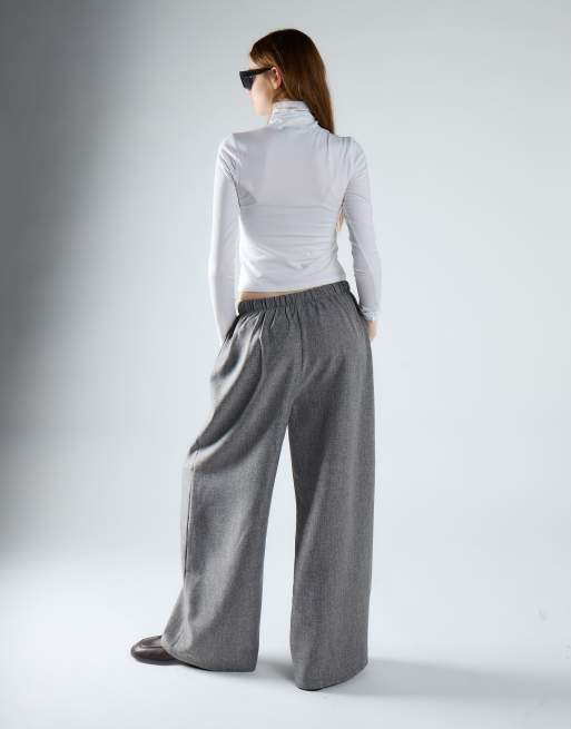 Glamorous Elastic waist wide leg trousers in mid grey, 3 of 4