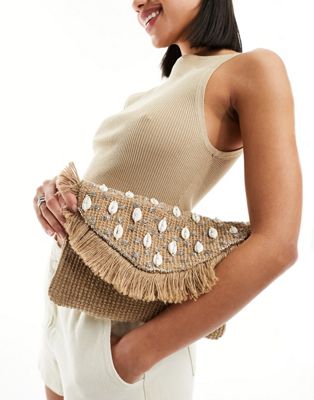 Glamorous embellished shell beachy clutch bag in natural-Neutral