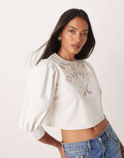 Glamorous Embroidered boxy blouse with pull sleeves in off white stone - view 1