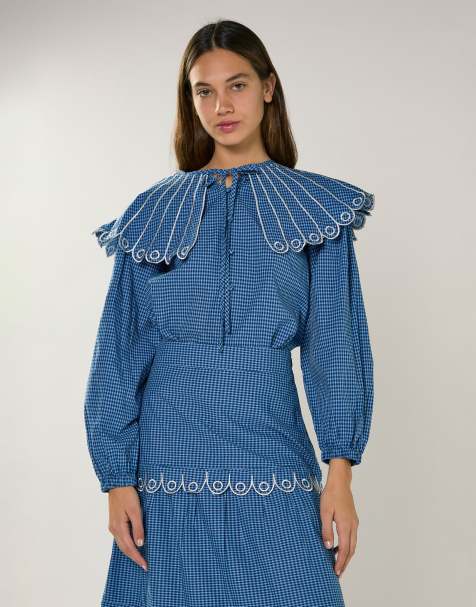 Glamorous Embroidered collar long sleeve blouse in navy multi check - view 1