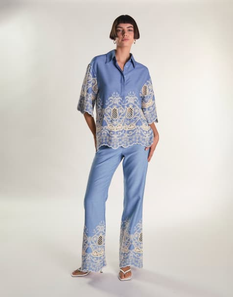 Glamorous Embroidered flares trouser in embroidered chambray - view 1