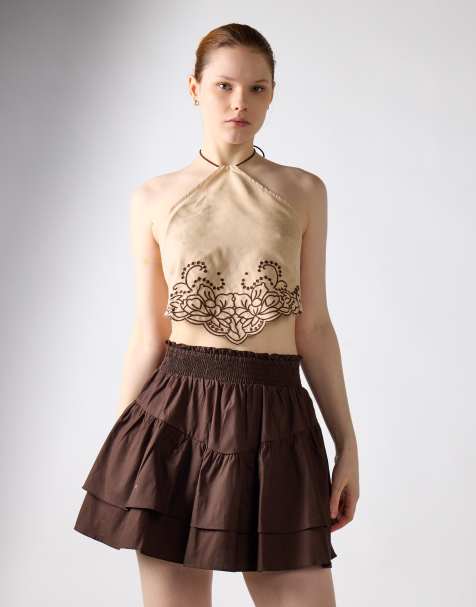 Glamorous Embroidered halter neck handkerchief top in beige suedette brown - view 1