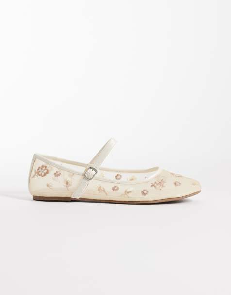 Glamorous embroidered mesh ballet flats in beige - view 1