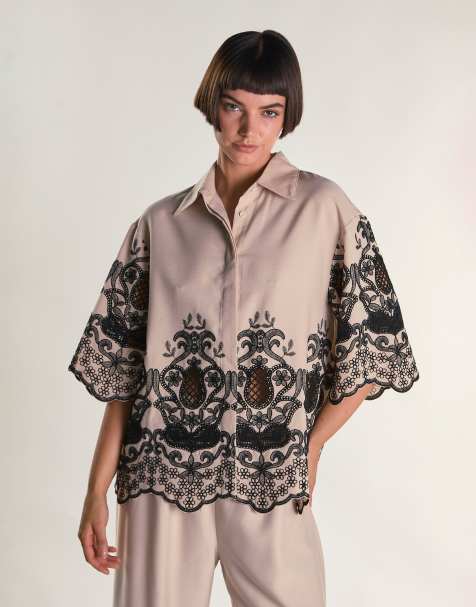 Glamorous Embroidered oversize shirt in stone black border - view 1
