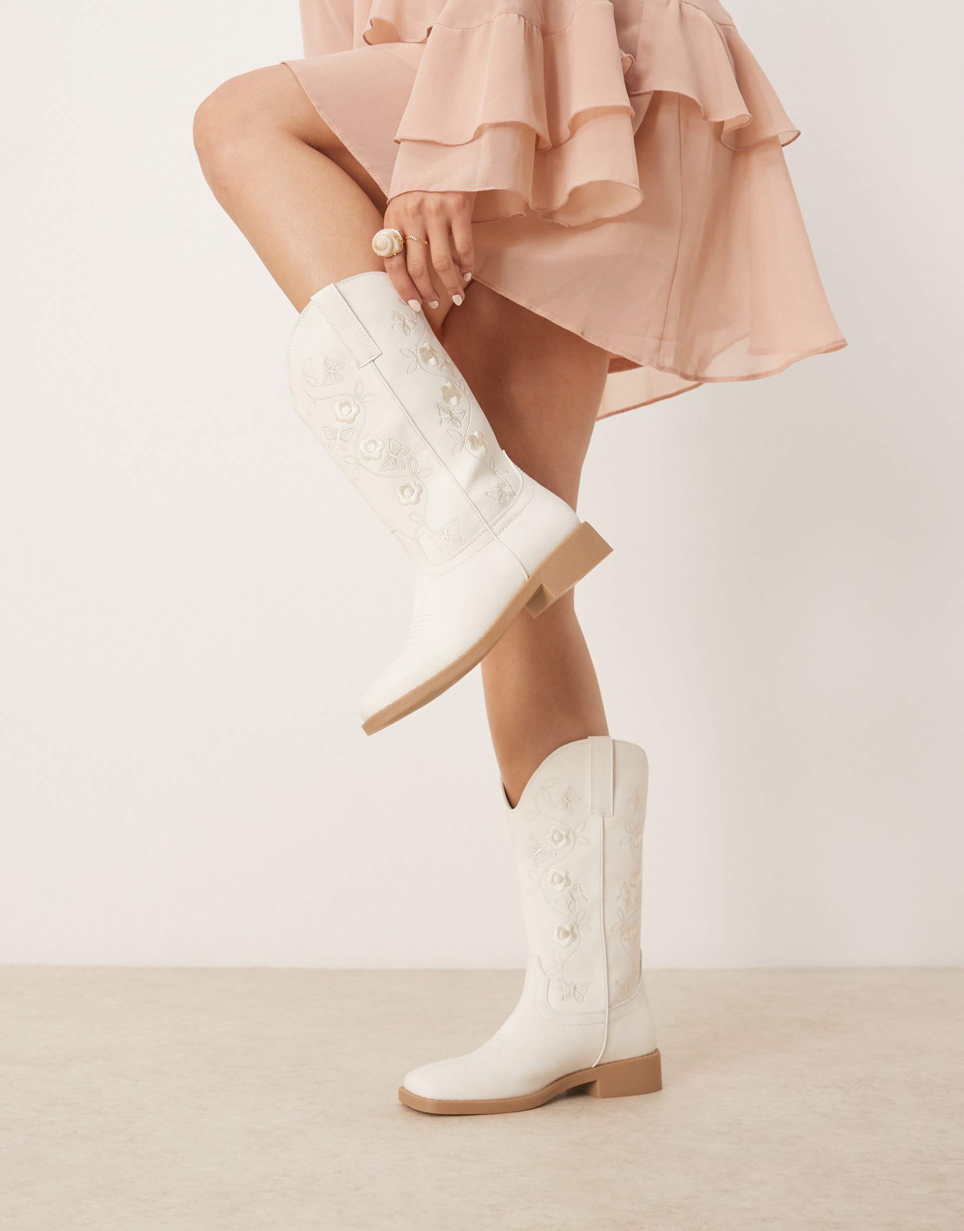 glamorous embroidered western knee boots in cream