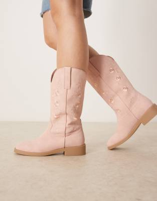 Glamorous embroidered western knee boots in pink - view 1