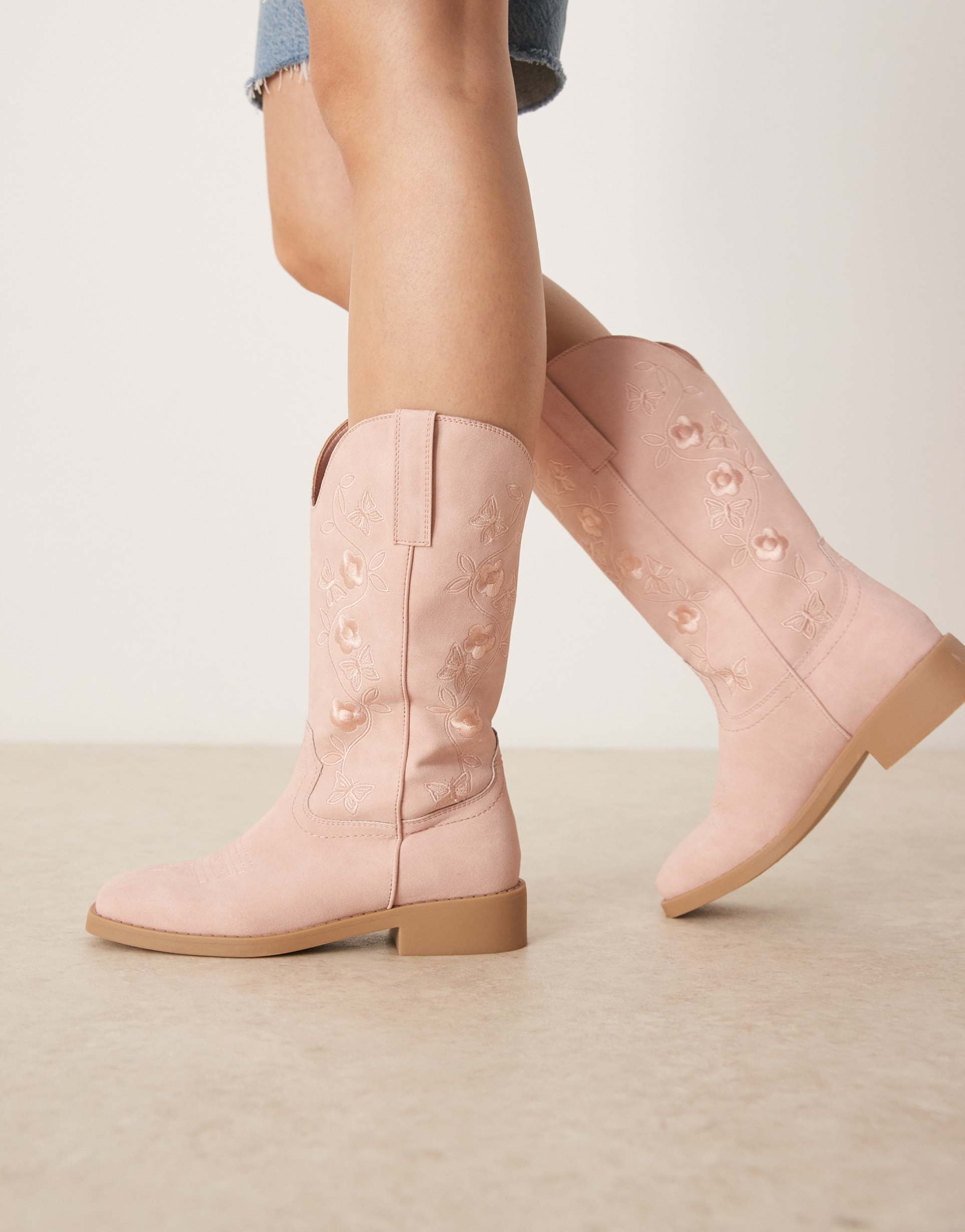 glamorous embroidered western knee boots in pink