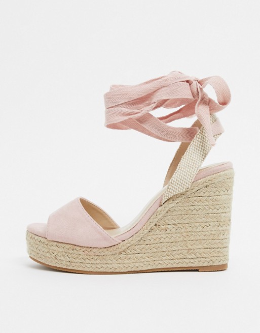 Glamorous espadrille wedge sandal with ankle tie in blush pink