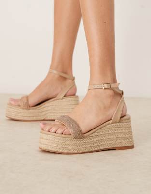 Glamorous - Espadrilles-Sandaletten mit goldenem Strassbesatz und Plateausohle-Goldfarben