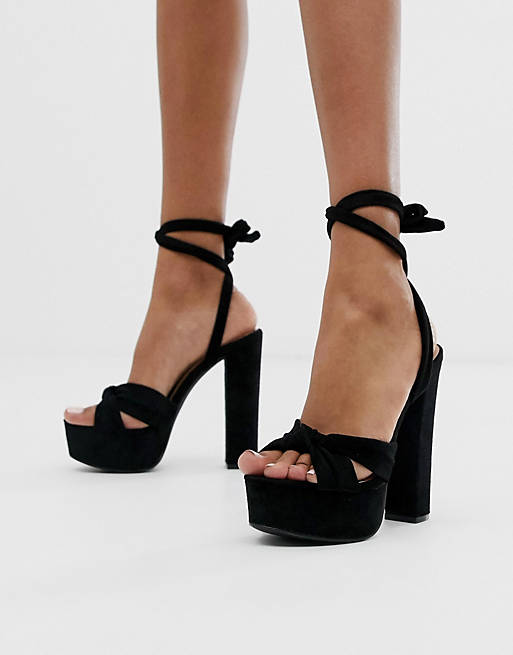 Glamorous Exclusive black knot detail ankle tie platform sandals