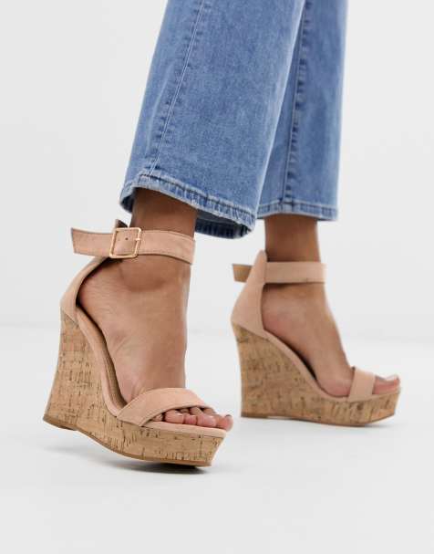 Glamorous Exclusive blush wood effect wedge sandals