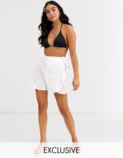 Glamorous Exclusive broderie beach wrap skirt in white
