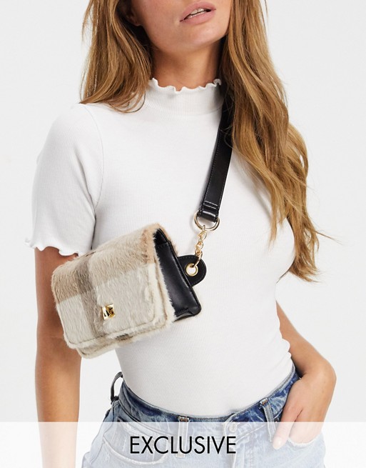 Glamorous Exclusive cross body pouch in check faux fur