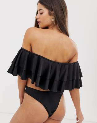 black ruffle bandeau bikini top