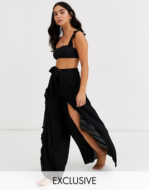 Glamorous Exclusive frill beach trouser in black
