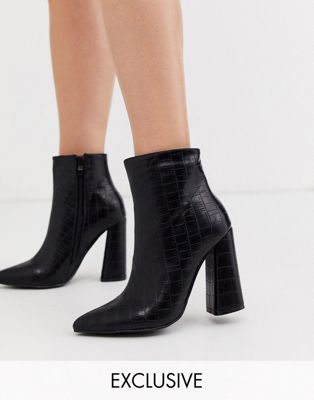 black croc heeled ankle boots
