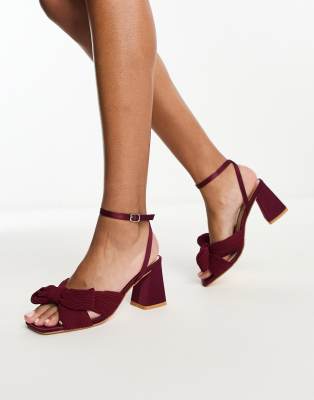 Glamorous Exclusive Mid Heel Sandals With Bow In Burgundy-red