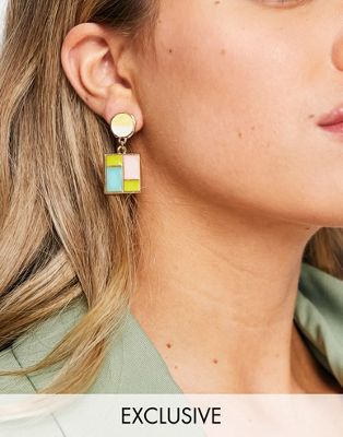 Glamorous Exclusive mosaic drop enamel earrings in pink and green