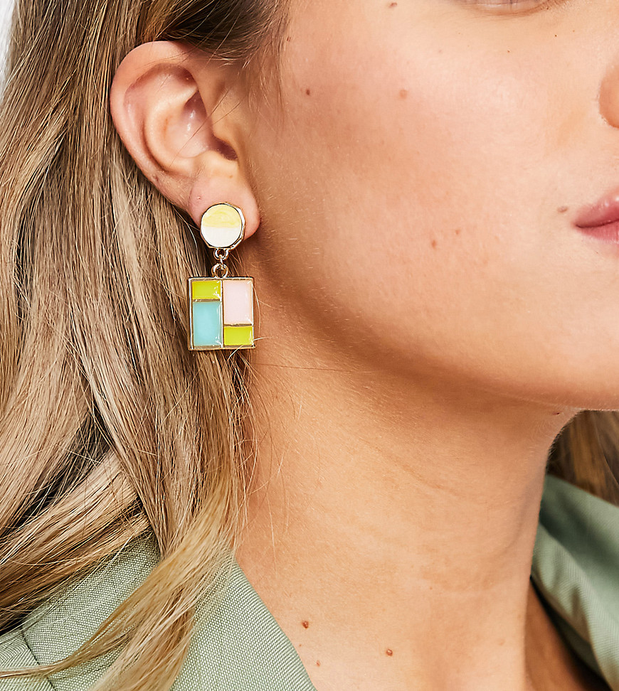 Glamorous Exclusive mosaic drop enamel earrings in pink and green-Multi