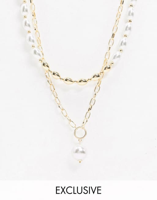 Glamorous Exclusive multi row pearl and chunky chain mix necklace