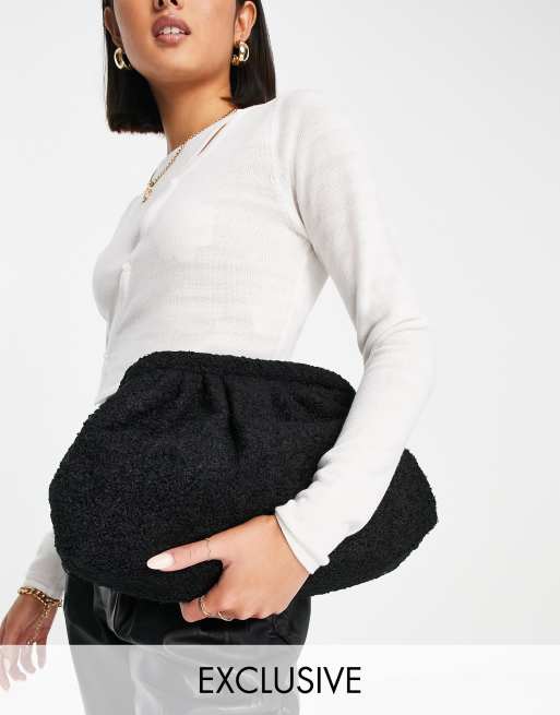 Glamorous Exclusive oversized slouchy pillow clutch bag in black teddy