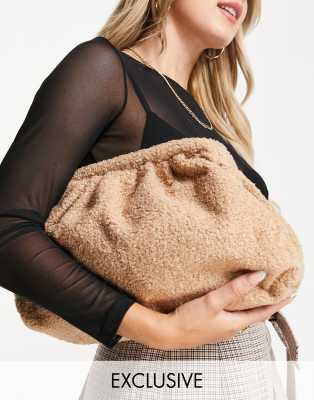 Glamorous Exclusive oversized slouchy pillow clutch bag in brown teddy