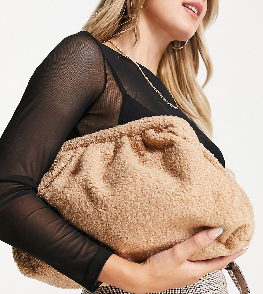 Glamorous Exclusive oversized slouchy pillow clutch bag in brown teddy