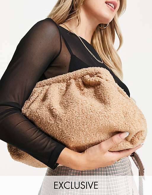 Glamorous Exclusive oversized slouchy pillow clutch bag in brown teddy