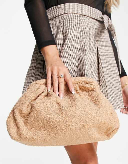 Glamorous Exclusive oversized slouchy pillow clutch bag in brown teddy