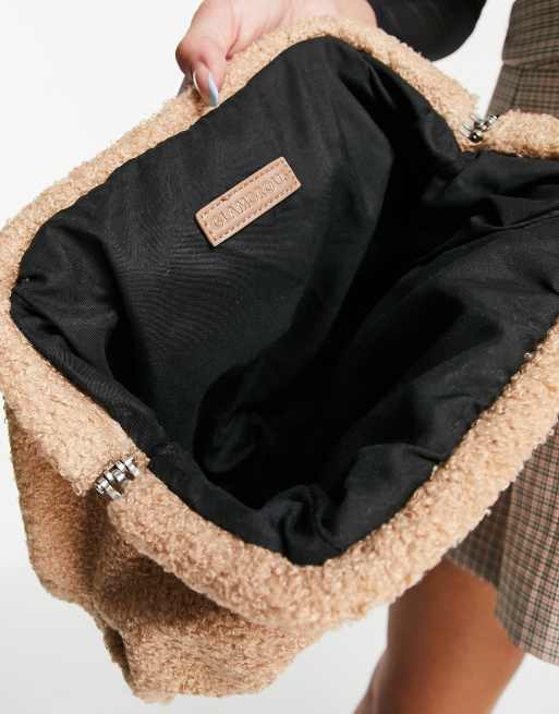 Glamorous Exclusive oversized slouchy pillow clutch bag in brown teddy