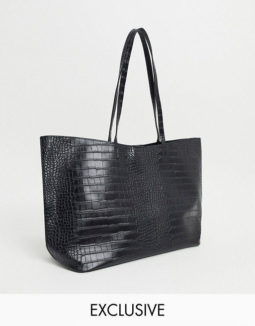 Glamorous Exclusive oversized tote bag in black croc with removable inner pouch