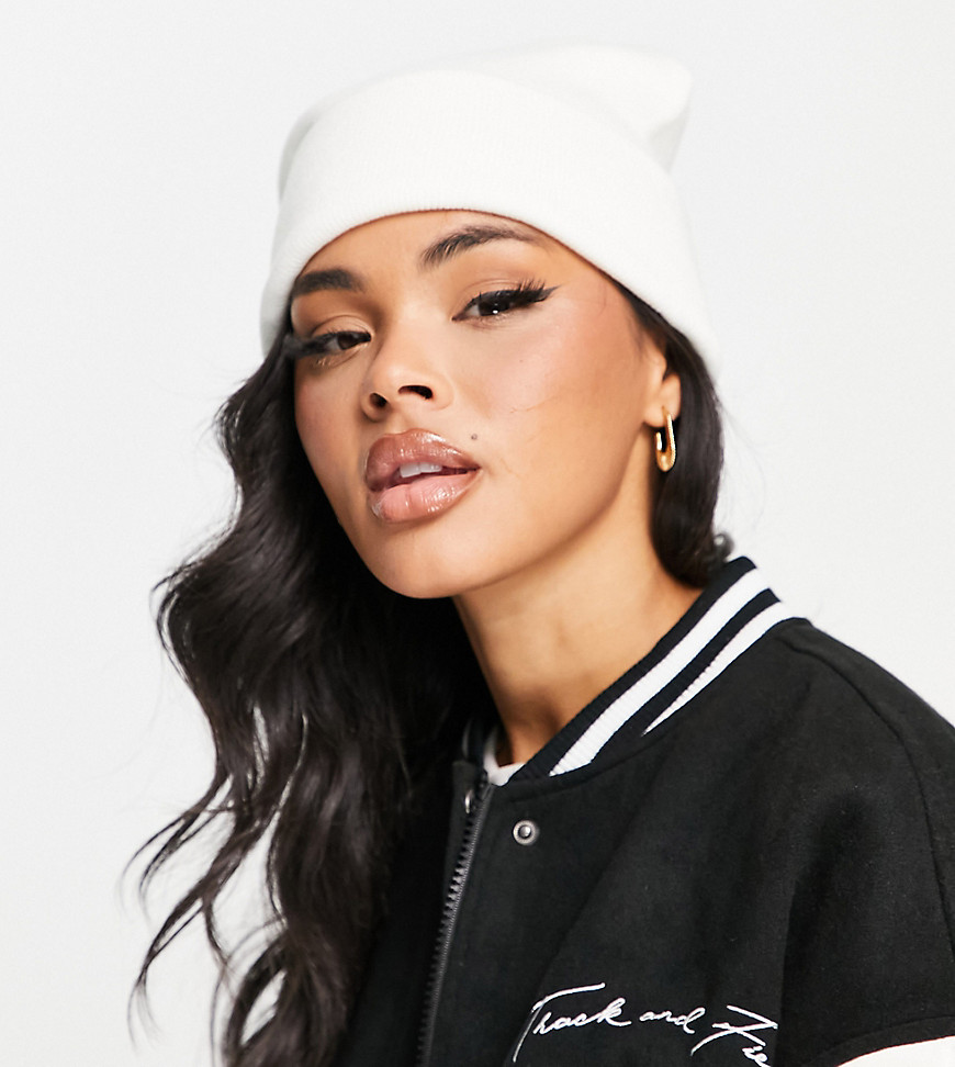 GLAMOROUS EXCLUSIVE RIBBED TURN UP BEANIE IN OFF WHITE