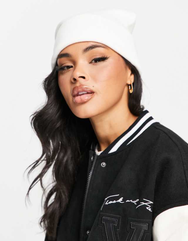 Glamorous Exclusive ribbed turn up beanie in off white