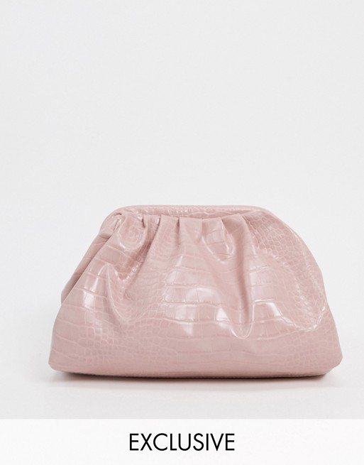 Glamorous Exclusive slouchy pillow clutch bag in light pink croc