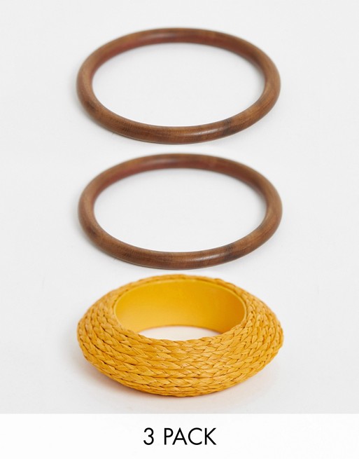 Glamorous Exclusive straw rattan and wood bangle pack