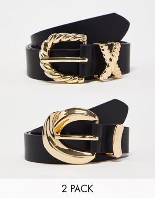 Glamorous Exclusive waist & hip belt multipack x 2 in black with gold buckles