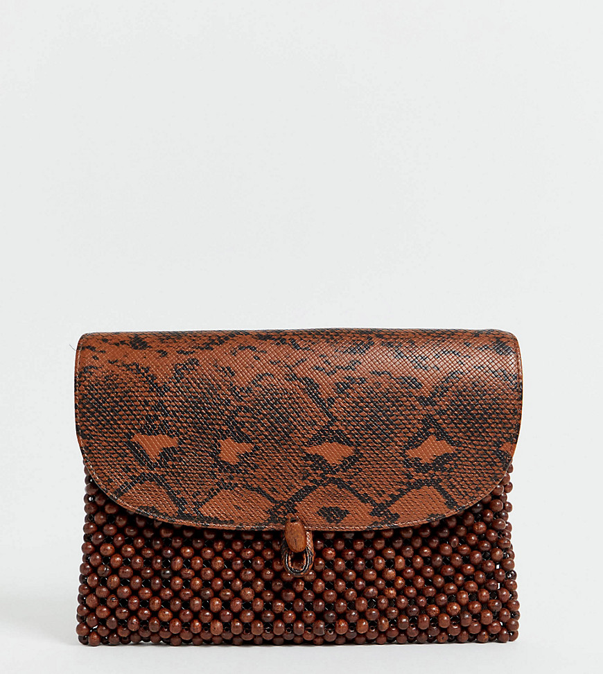 Glamorous Exclusive wooden bead snakeskin clutch bag-Brown