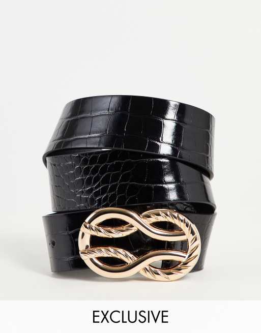 Glamorous – Exklusiver Hüft- und Taillengürtel aus PU in Schwarz mit ineinandergreifenden Metallschnallen im Flechtdesign