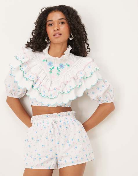 Glamorous Extreme ruffle crop top in white blue pink ditsy mix