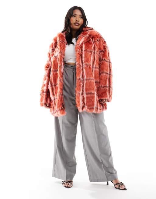 Glamorous faux fur coat in red fur check