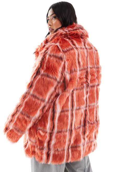 Glamorous faux fur coat in red fur check