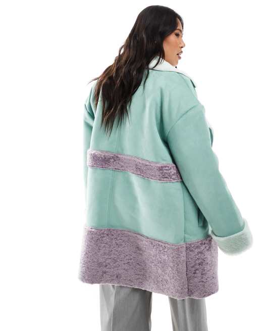 Glamorous faux fur coat in seafoam green mauve, 3 of 4