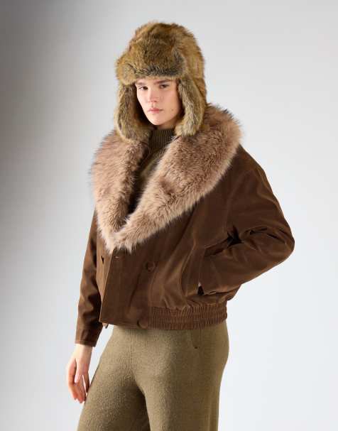 Glamorous Faux fur collar bomber jacket in khaki brown - view 1