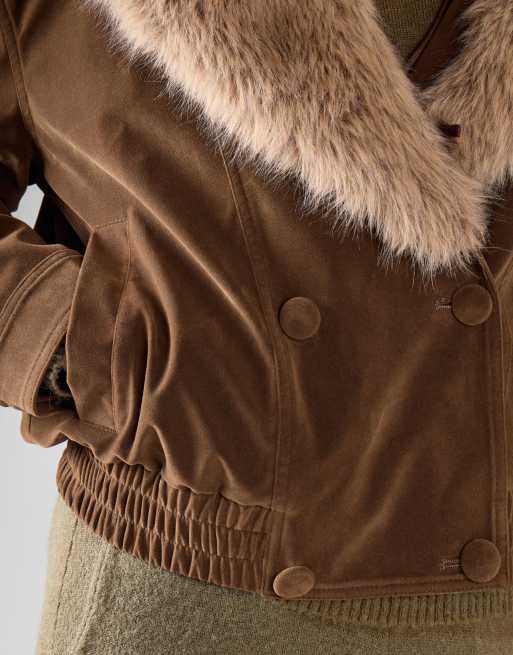 Glamorous Faux fur collar bomber jacket in khaki brown, 3 of 4