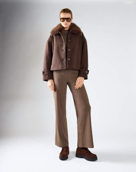 Glamorous Faux fur collar cropped jacket in brown marl - view 1