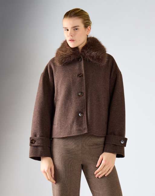 Glamorous Faux fur collar cropped jacket in brown marl, 2 of 4