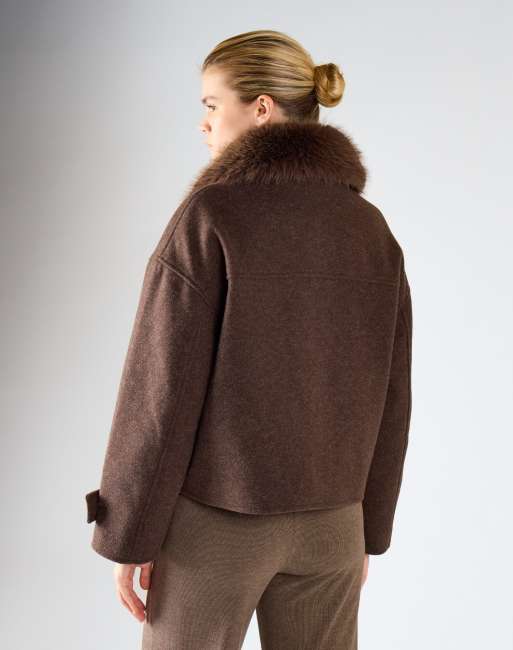 Glamorous Faux fur collar cropped jacket in brown marl, 3 of 4