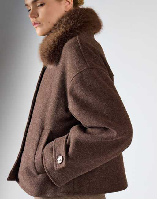 Glamorous Faux fur collar cropped jacket in brown marl, 4 of 4