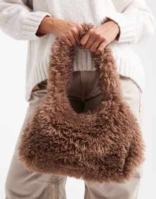 Glamorous Glamorous faux fur slouchy shoulder bag in brown