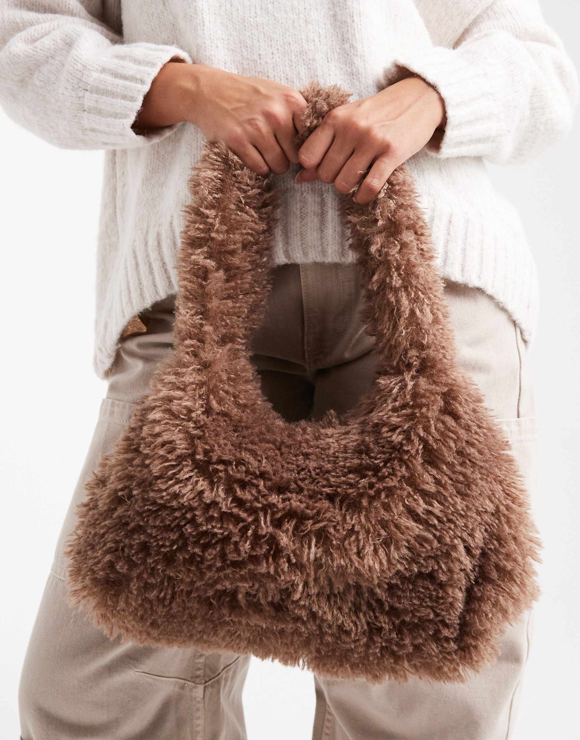 glamorous faux fur slouchy shoulder bag in brown